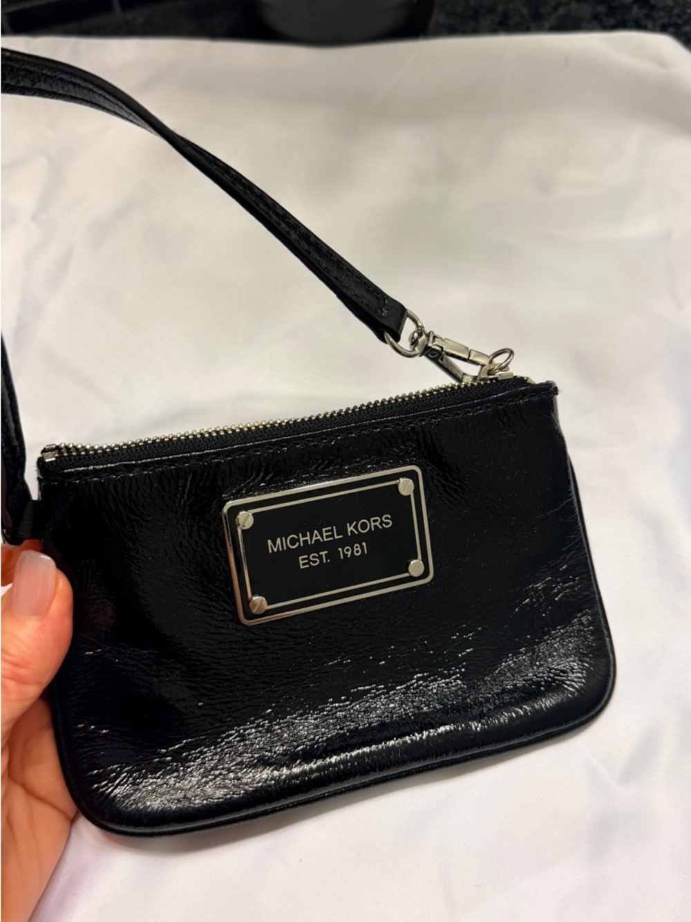 Michael Kors Black Patent Leather Wristlet Clutch with Logo Plaque